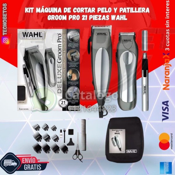 Producto - KIT MAQUINA DE CORTAR PELO Y PATILLERA GROOM 21PIEZAS WAHL