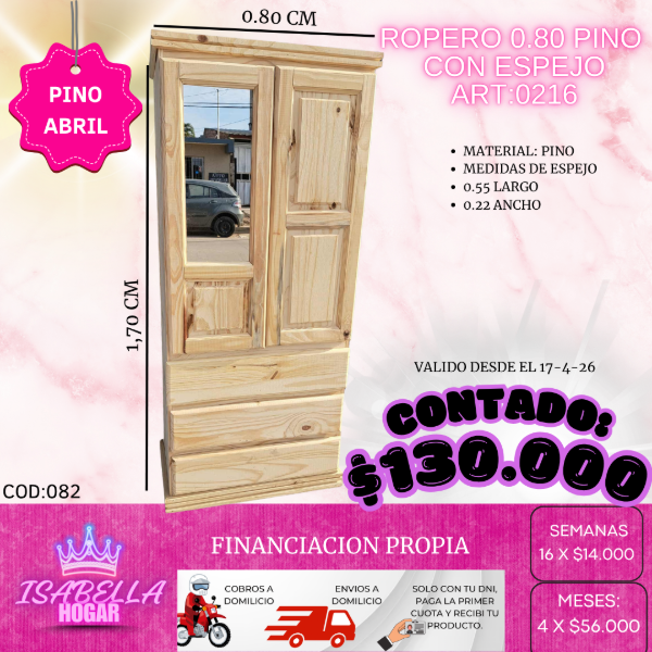 Producto - ROPERO PINO 0.80 CON ESPEJO COD:082