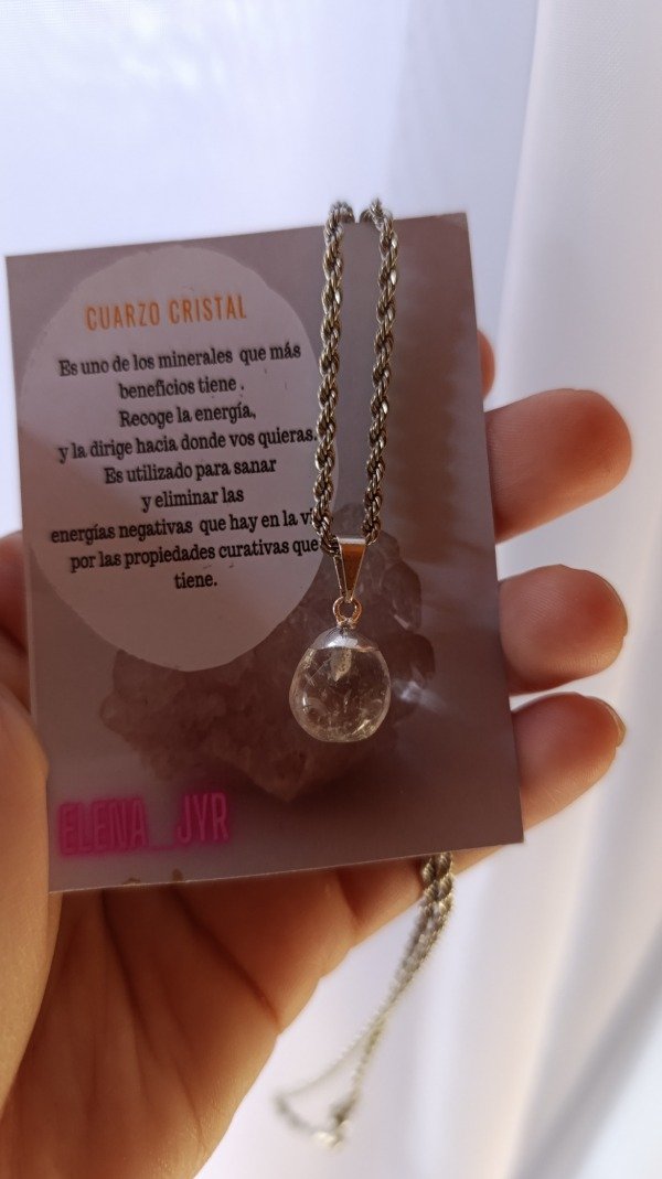 Producto - Cadena de acero blanco con dije cuarzo cristal con baño