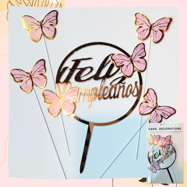 Producto - Topper Feliz cumpleaños con mariposas Rosa 01