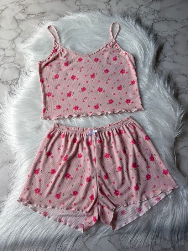 Producto - Pijama de morley PREMIUM short + musculosa - Florcitas Rosas