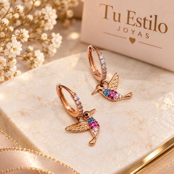 Producto - Aros argollitas dijes colgantes Colibríes en Plata 925 Rose