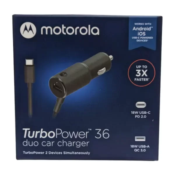 Producto - Cargador De Auto Motorola ORIGINAL 36W Con Cable Tipo C + USB