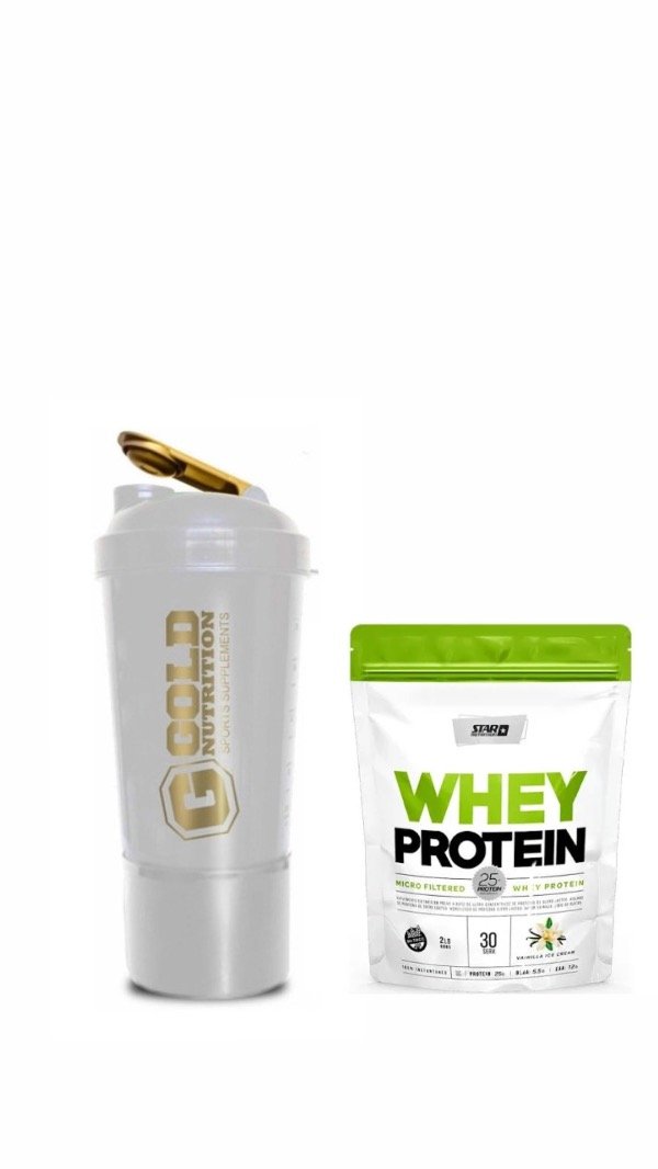 Producto - 1 shaker con compartimento Gold y 1 Whey Protien Star Nutrition