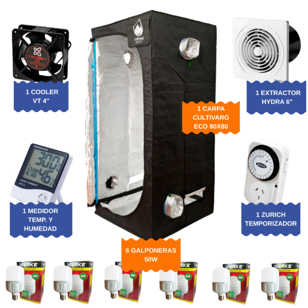 Producto - KIT INDOOR CARPA CULTIVARG ECO 80X80 + GALPONERA 50W X6 + ACCESORIOS