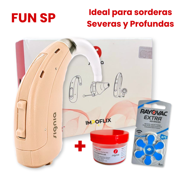 Producto - Audífono Siemens Signia Fun SP Potente 120 dB + Deshumidificador + Blister pilas