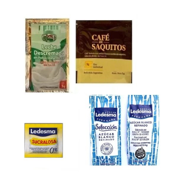 Producto - cafe + azucar + leche en polvo + edulcorantes x 300 u cada uno