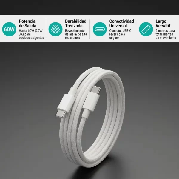Producto - Cable Mallado USB-C a USB-C - Carga Rápida 60W - Blanco 2 Metros - Aitech - 2