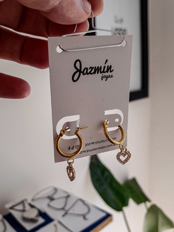 Producto - Aros Argollas Dije Corazón Calado y Brillos