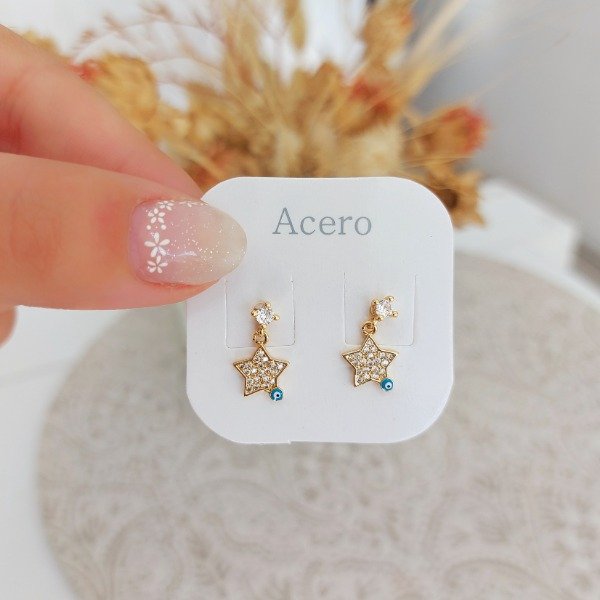 Producto - Aros pasante estrella con micropavé y ojito turco