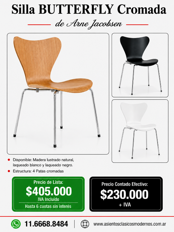 Producto - Silla JACOBSEN BUTTERFLY, Madera Lustrada, Patas Cromadas!!