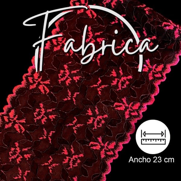 Producto - PS175 Puntilla flores negra y fucsia. Medida: 23cm (por metro)