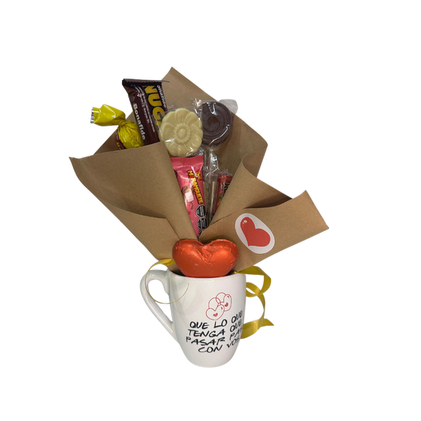 Producto - Incluye taza de porcelana con frase y ramo de golosinas y chocolate