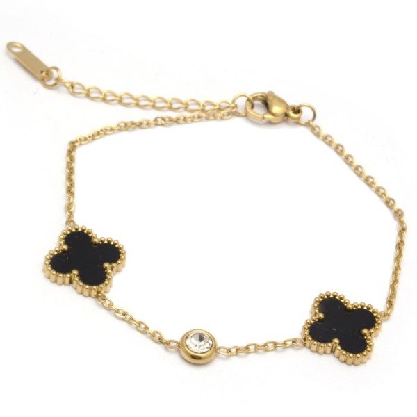 Producto - Pulsera Dorada Flor VC Negro Y Punto De Luz 18 A 20Cm