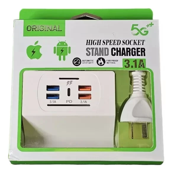 Producto - SOPORTE CARGADOR 220V 4 USB 3.1A + TIPO C COLOR BLANCO