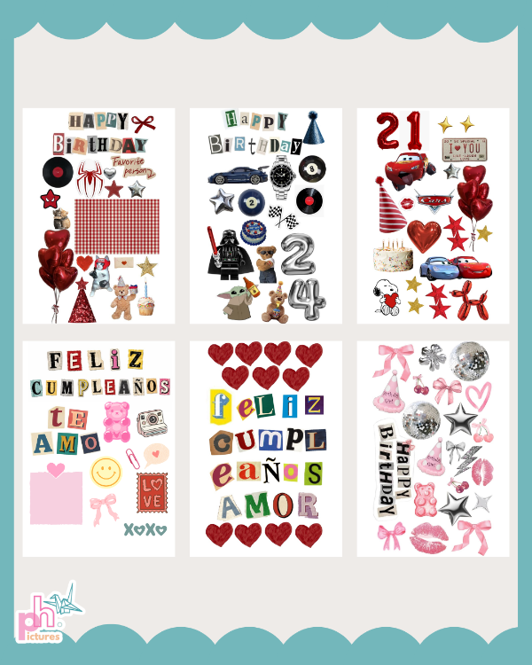 Producto - plancha de stickers para cartas o cajas de cumpleaños/aniversarios - 9