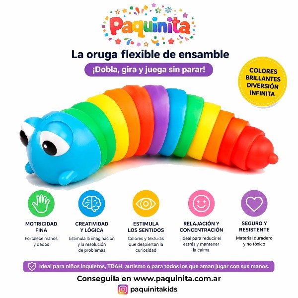 Producto - Oruga sensorial multicolor articulada de plástico con colores brillantes.