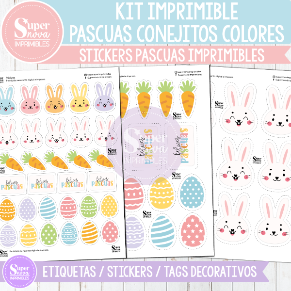 Producto - KIT IMPRIMIBLE FELICES PASCUAS CONEJITOS COLORES STICKERS