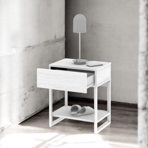 Producto - Mesa De Luz Base Metal Con Cajon Blanca MLM050