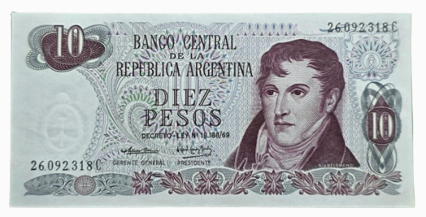 Producto - 10 Pesos Ley 18.188/69 (Cairoli - Gómez Morales) Filigrana 1 Bott.2351 Unc
