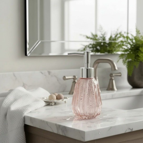 Producto - DISPENSER DE JABON LIQUIDO DE VIDRIO TRANSLUCIDO COLORES SURTIDOS 350ML