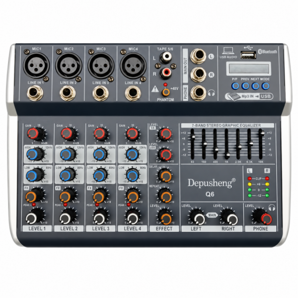 Producto - CONSOLA POTENCIADA DEPUSHENG Q6 DIGITAL 700W 6 CH/USB/BLUETOOTH/REC/EQ - 0
