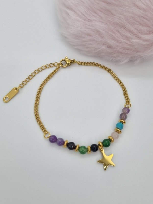 Producto - Pulsera acero dorado piedritas color dije estrella lisa