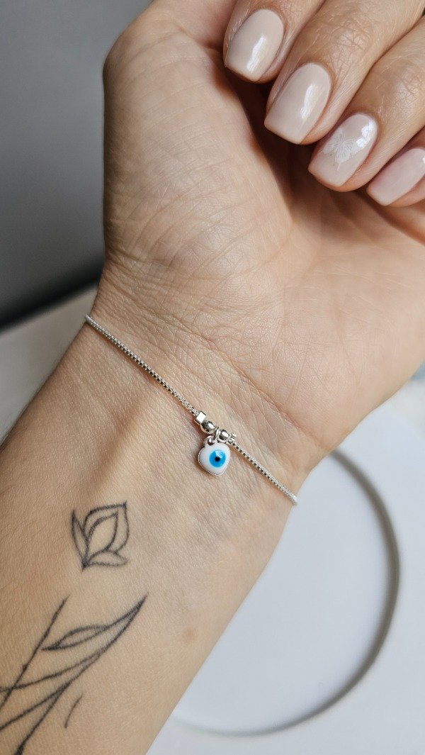 Producto - Pulsera con corazon ojo turco colgante 18 a 21 cm. Plata