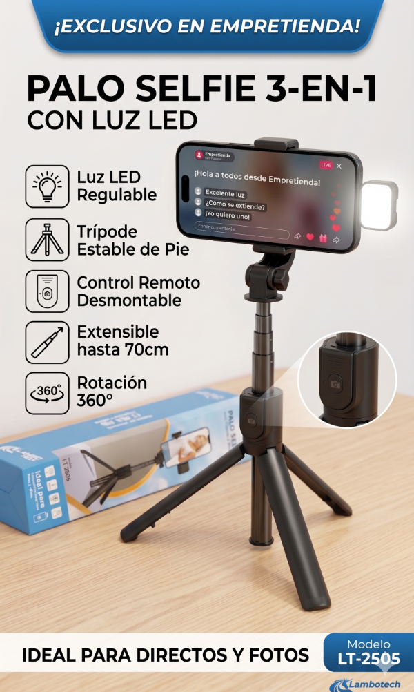 Producto - Palo Selfie Tripode Bt Lambo Tech Control Luz Led Color Negro