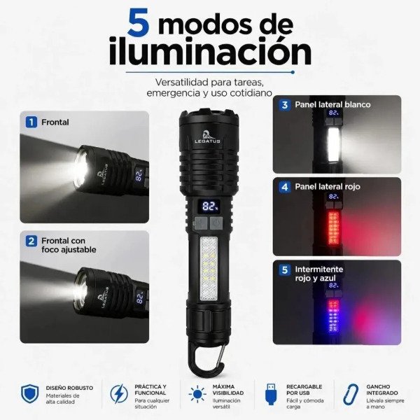 Producto - Linterna Mano Tactica Led P50 Legatus Recargable Display Carga - 4
