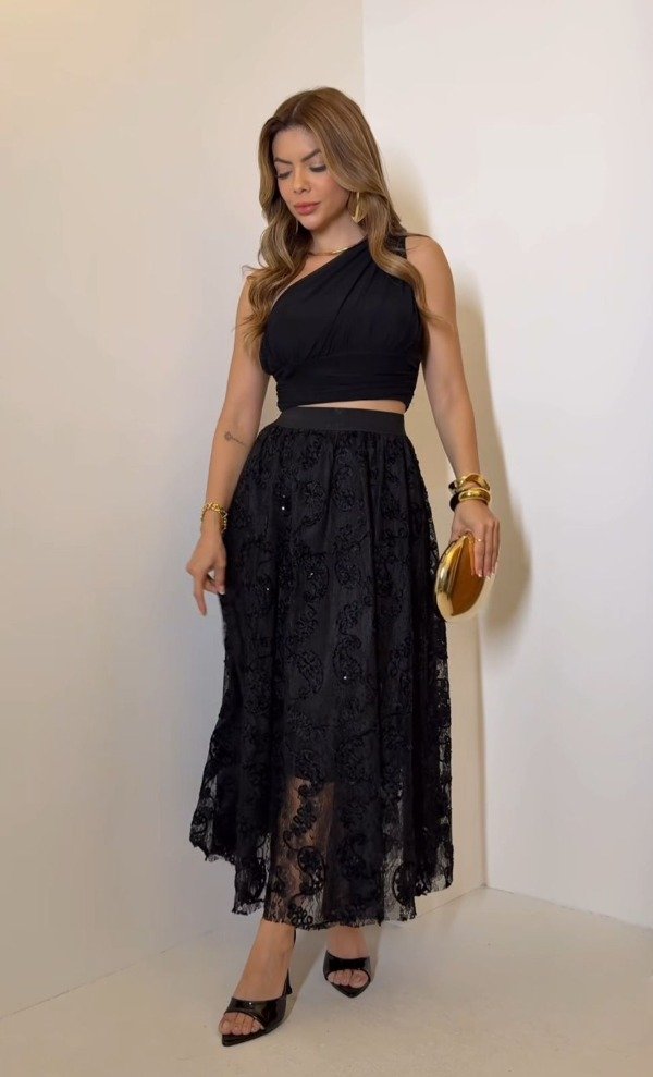 Producto - Falda larga de tull con lentenjuelas Negro importada 105br76