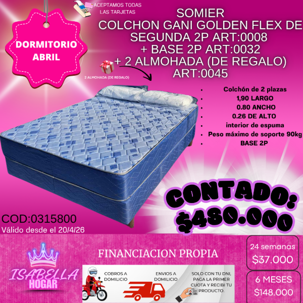 Producto - SOMIER COLCHON GANI GOLDEN FLEX DE SEGUNDA + BASE 2P +  2 ALMOHADA COD: 0315800