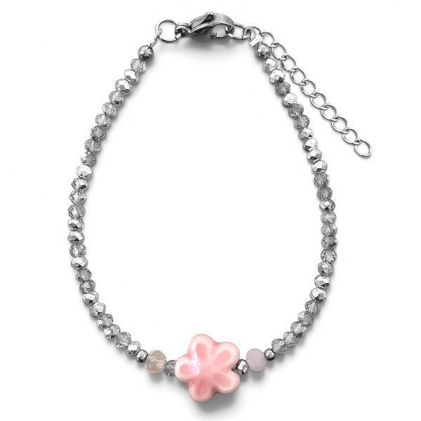 Producto - Pulsera de cristal checo 3mm . Gris . Flor rosa - 0