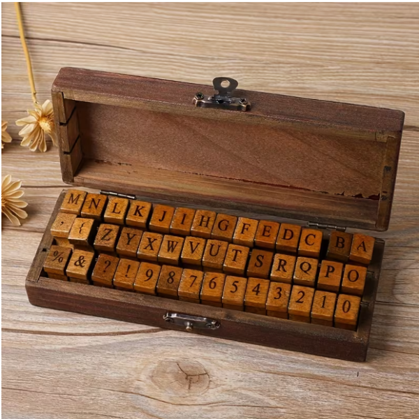 Producto - SET DE SELLOS DEL ALFABETO Y NÚMEROS EN CAJA DE MADERA