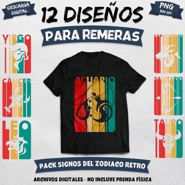 Producto - Pack 12 Diseños Signos del Zodiaco Retro PNG Plantillas Remeras y Sublimación