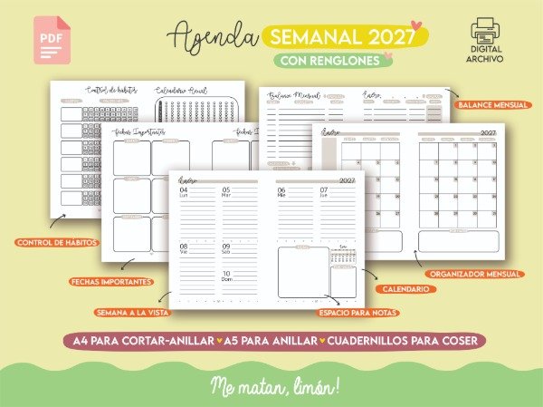 Producto - Agenda SEMANAL con renglones 2027 PDF - DIGITAL
