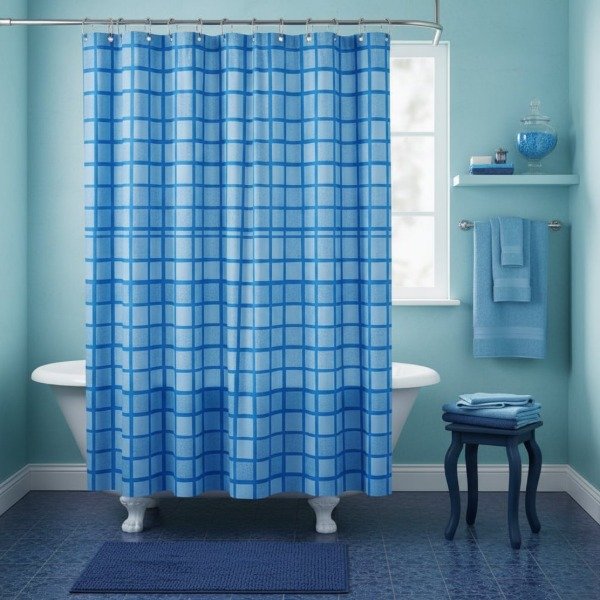 Producto - CORTINA PARA BAÑO, DOBLE LÍNEA ENCAJE "AZUL CUADROS BLANCOS"