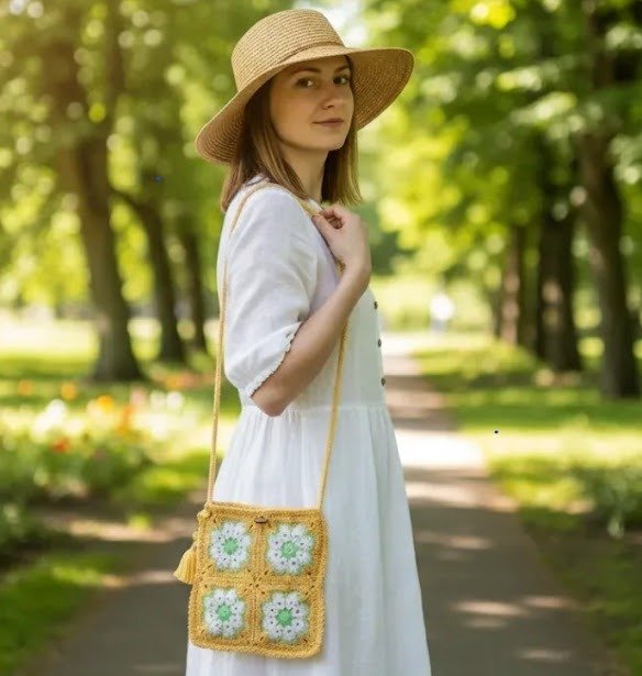 Producto - Cartera Bandolera Crochet Granny Square Flores Amarilla