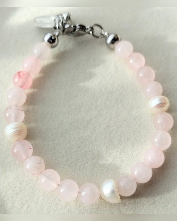 Producto - Ambar. Pulsera. Sanación (Cuarzo Rosa y Perla de Río)