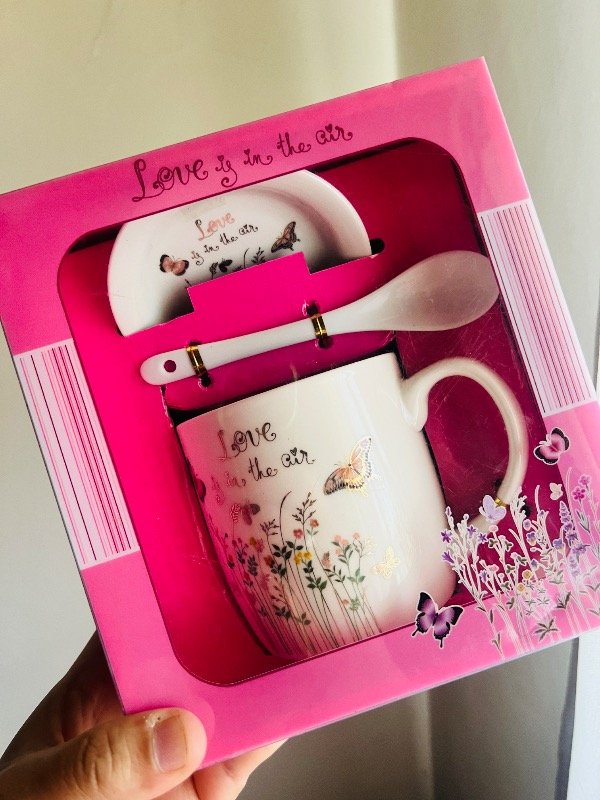 Producto - Set de taza + plato + cuchara de cerámica mariposas