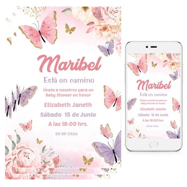 Producto - Tarjeta Invitación Baby Shower Digital Whatsapp Mariposas M2