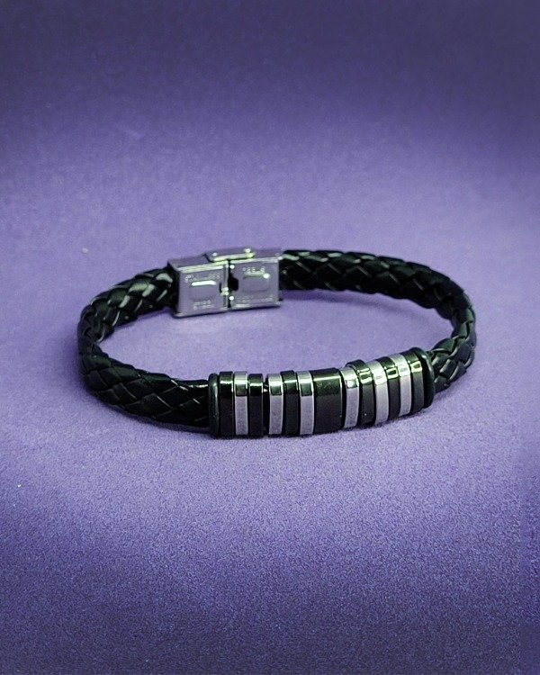 Producto - P 731 - Pulsera Trenzada Cuero ecológico con Argollas chatas de Acero Quirúrgico