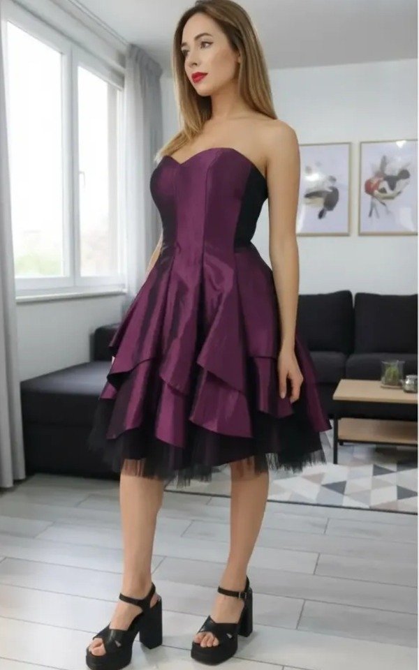 Vestido corto con capas strapless tafetán — imagen 5