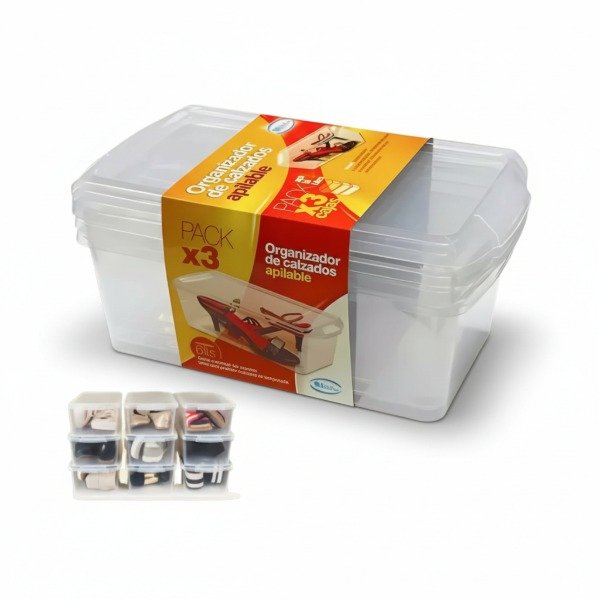 Producto - SET DE 3 ORGANIZADORES DE CALZADO APILABLES PLÁSTICO TRANSPARENTE 35X19,5X16CM