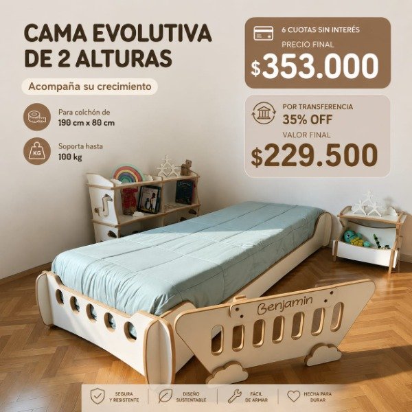 Producto - Cama Evolutiva -BENJI- 190x80 - Melamina