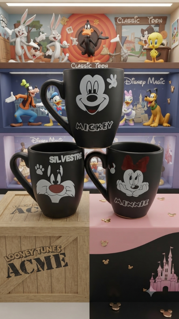 Producto - TAZA NEGRA PERSONAJES CLÁSICOS X6