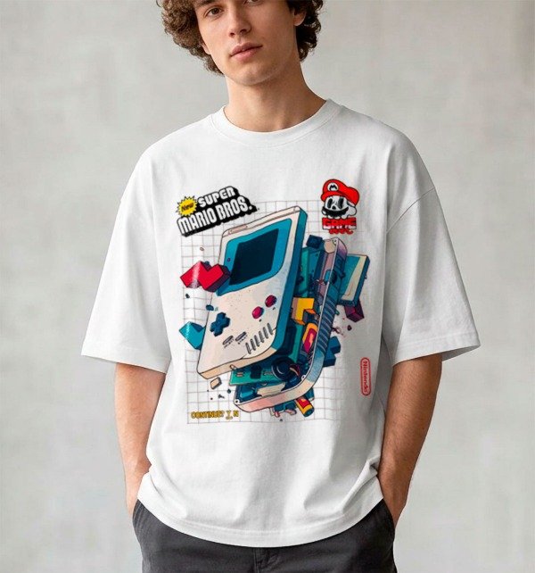 Producto - Remera Estampada Mario Bros 1 Overzize Blanca