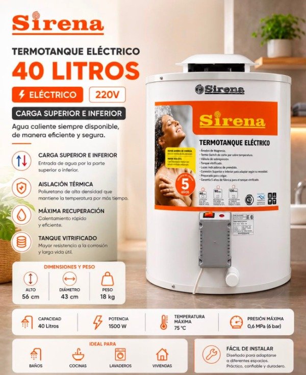 Producto - TERMOTANQUE SIRENA 40 LTS ELÉCTRICO DE COLGAR SUPERIOR/INFERIOR