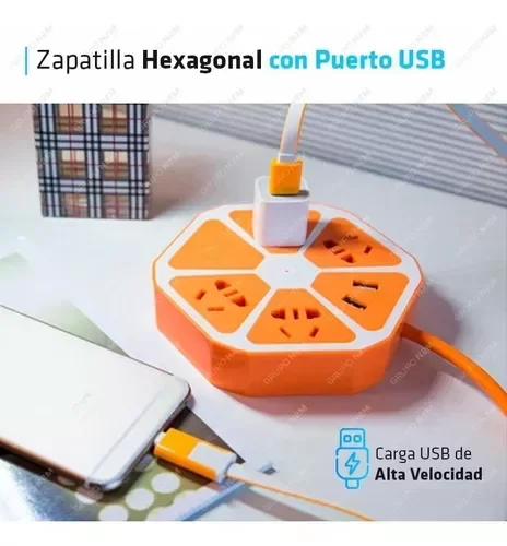Producto - ZAPATILLA HEXAGONAL ENCHUFES 4 TOMA CORRIENTE 2 USB HUB 220V