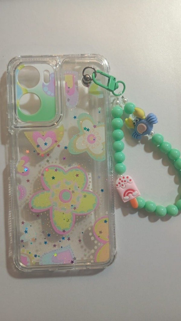 Producto - Funda Transparente Diseño Con Glitter y Cadena Flor Verde para Moto G05 - E15